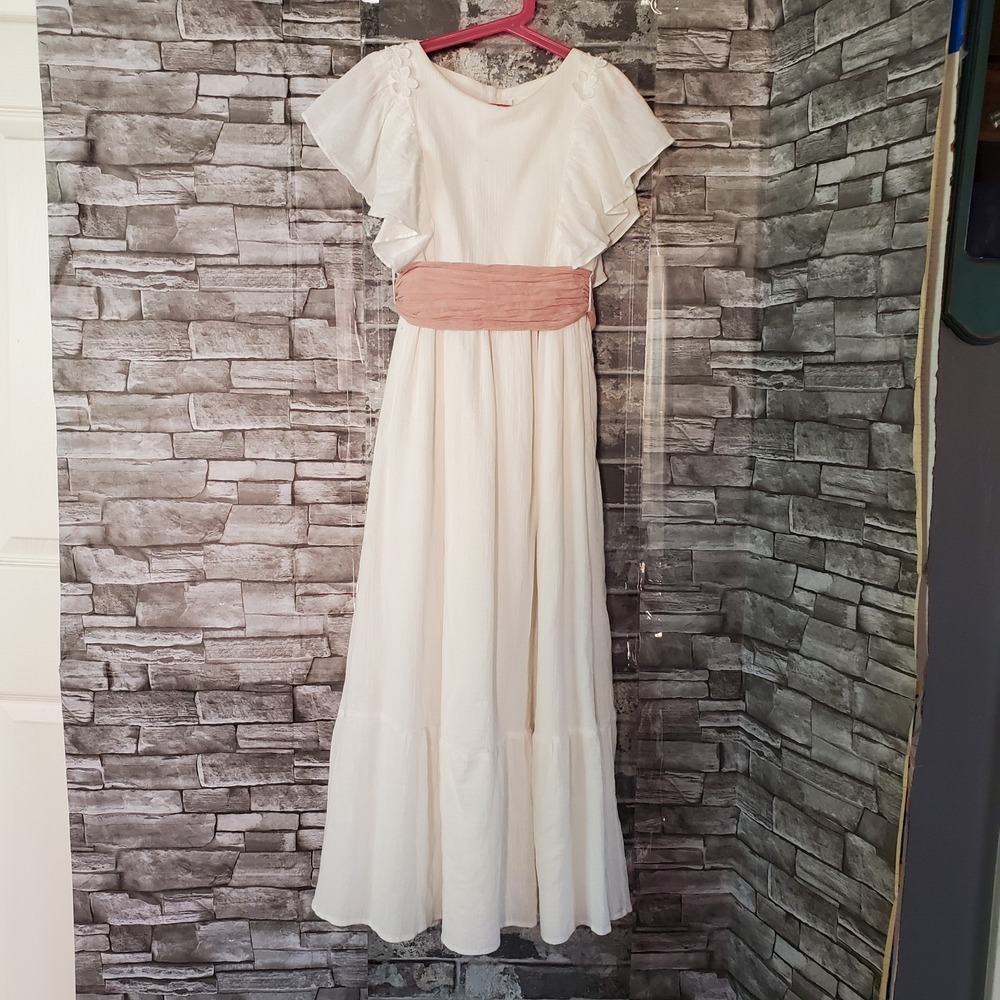 Mango Kids Emma White Dress Girl Size 12 Pink Belt Tie Fairy Cottagecore Formal